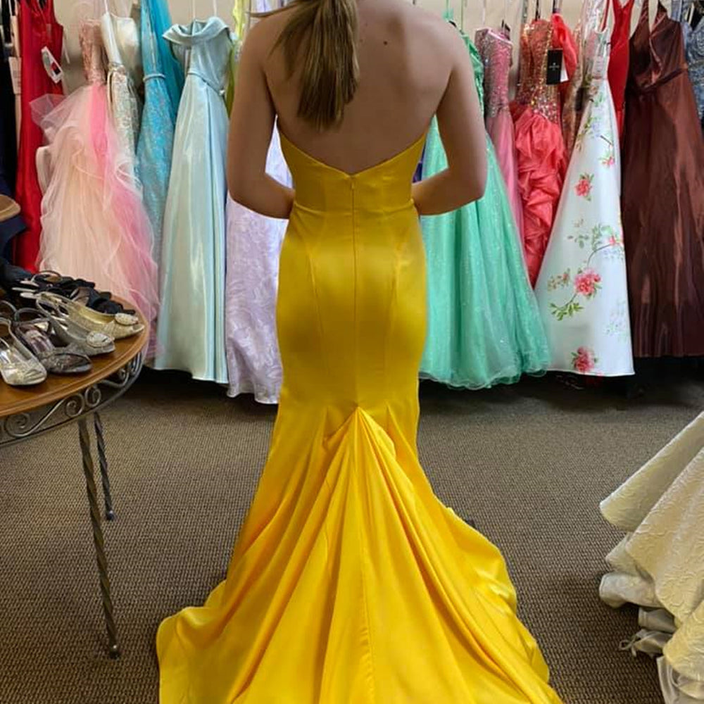 
                      
                        Strapless Mermaid Yellow Satin Long Prom Dresses, Mermaid Yellow Formal Graduation Evening Dresses 
                      
                    