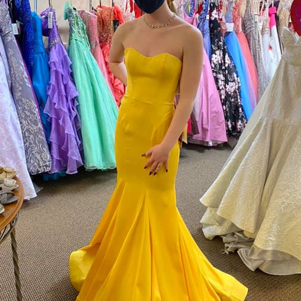 
                      
                        Strapless Mermaid Yellow Satin Long Prom Dresses, Mermaid Yellow Formal Graduation Evening Dresses 
                      
                    