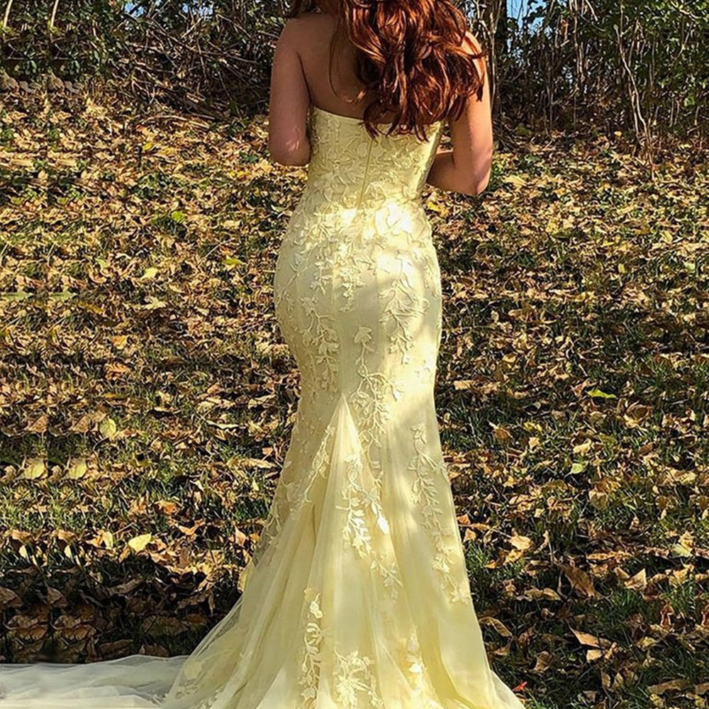 
                      
                        Strapless Mermaid Yellow/Purple/Pink Lace Long Prom Dresses, Yellow/Purple/Pink Lace Formal Evening Dresses
                      
                    