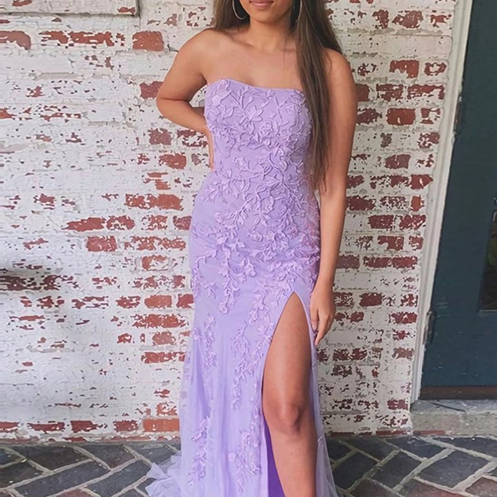 
                      
                        Strapless Mermaid Yellow/Purple/Pink Lace Long Prom Dresses, Yellow/Purple/Pink Lace Formal Evening Dresses
                      
                    