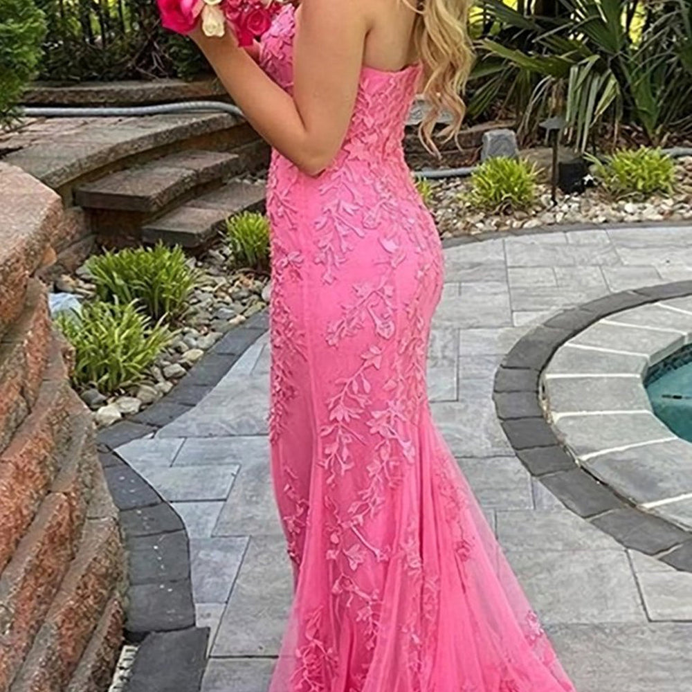 
                      
                        Strapless Mermaid Yellow/Purple/Pink Lace Long Prom Dresses, Yellow/Purple/Pink Lace Formal Evening Dresses
                      
                    