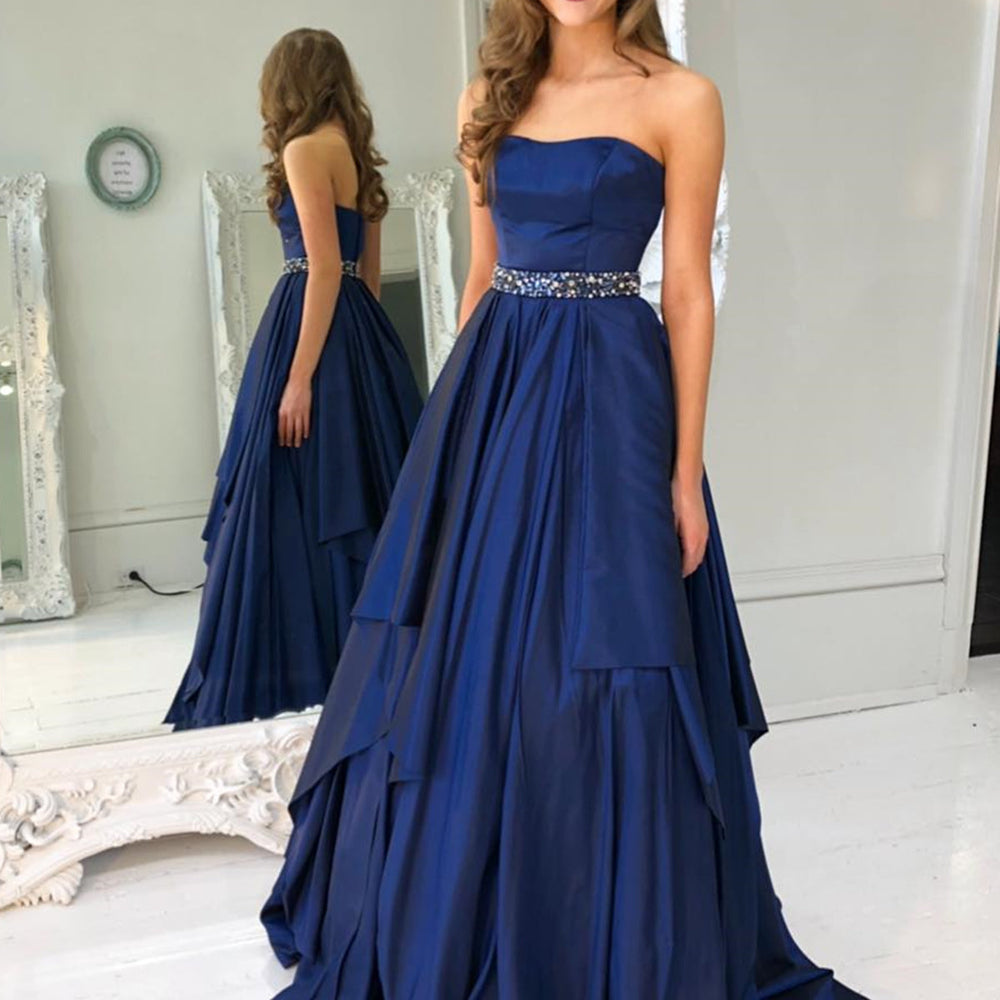 Strapless Navy Blue Satin Layered Long Prom Dresses with Belt, Navy Blue Formal Graduation Evening Dresses 