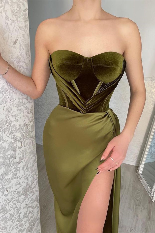 
                      
                        Strapless Olive Green Mermaid Evening Dress With Split
                      
                    