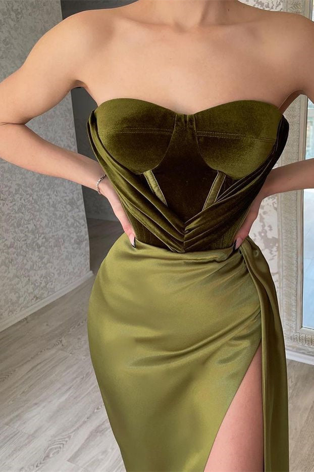 
                      
                        Strapless Olive Green Mermaid Evening Dress With Split
                      
                    