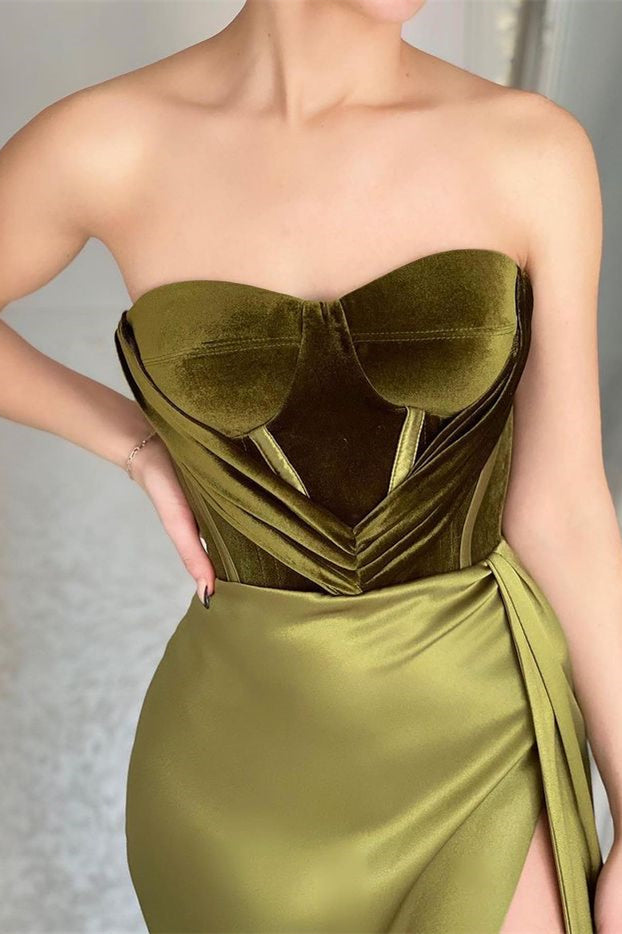 
                      
                        Strapless Olive Green Mermaid Evening Dress With Split
                      
                    