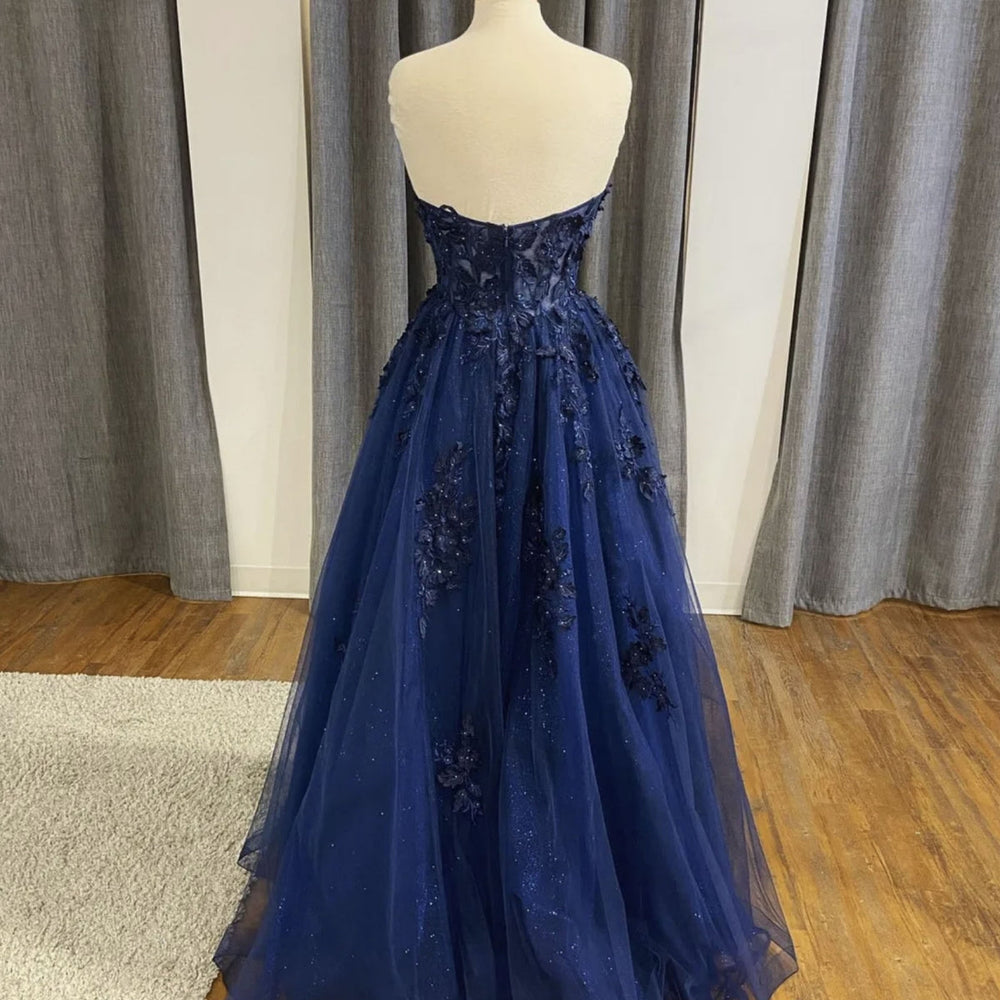 
                      
                        Strapless Open Back Navy Blue Lace Beaded Long Prom Dresses, Navy Blue Lace Formal Graduation Evening Dresses 
                      
                    