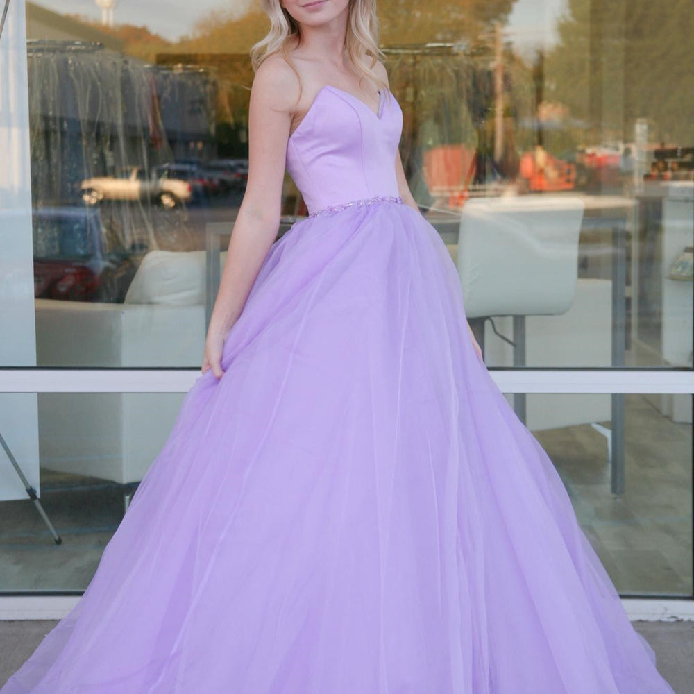 
                      
                        Strapless Open Back Purple Long Prom Dresses, Open Back Lavender Formal Dresses, Lilac Evening Dresses 
                      
                    