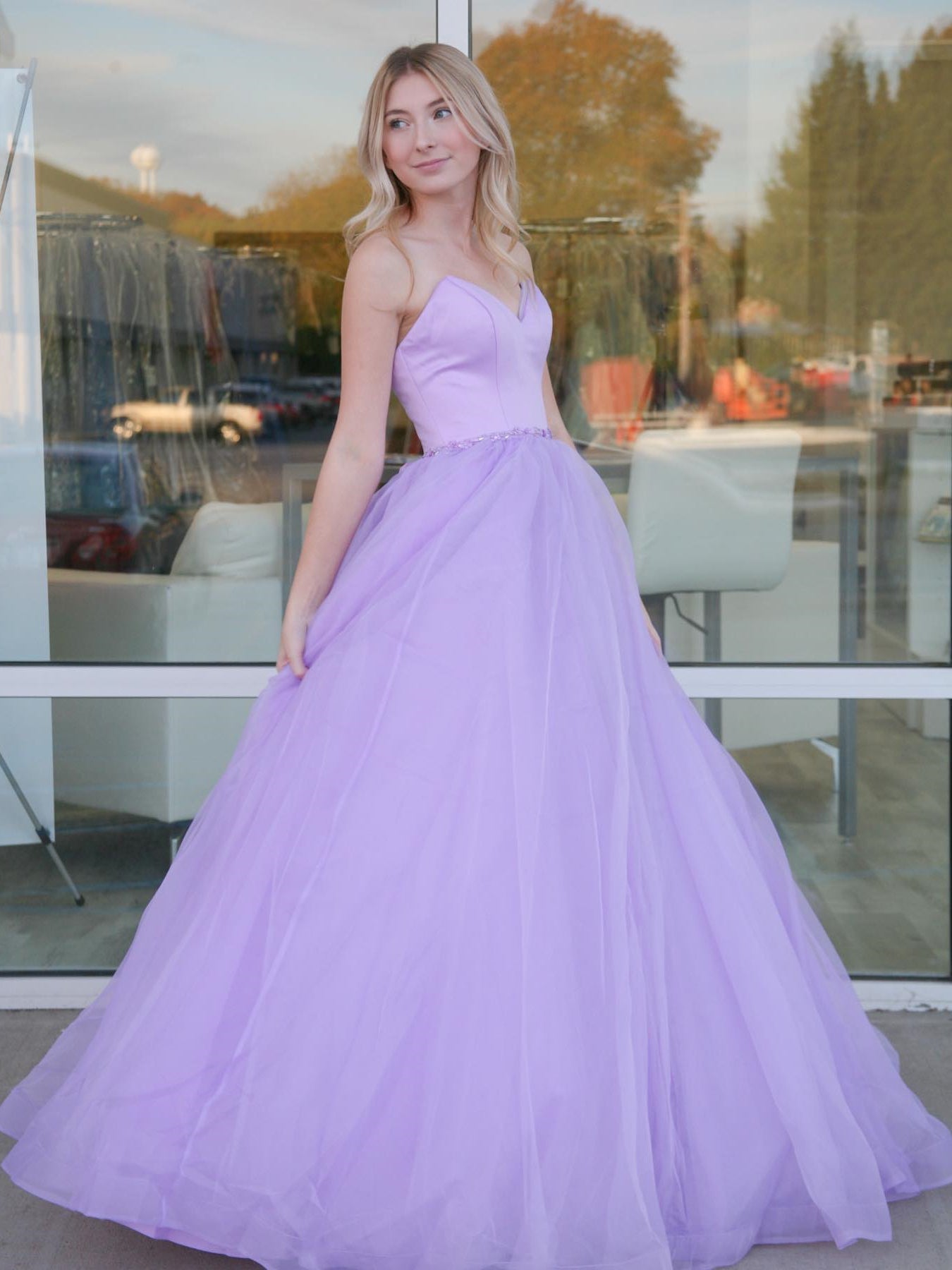 Strapless Open Back Purple Long Prom Dresses, Open Back Lavender Formal Dresses, Lilac Evening Dresses 