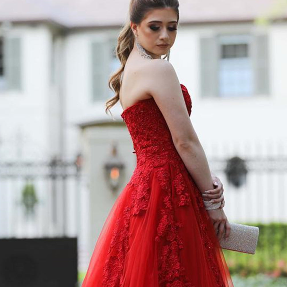 
                      
                        Strapless Red Lace Long Prom Dresses with Train, Red Lace Formal Dresses, Red Evening Dresses
                      
                    