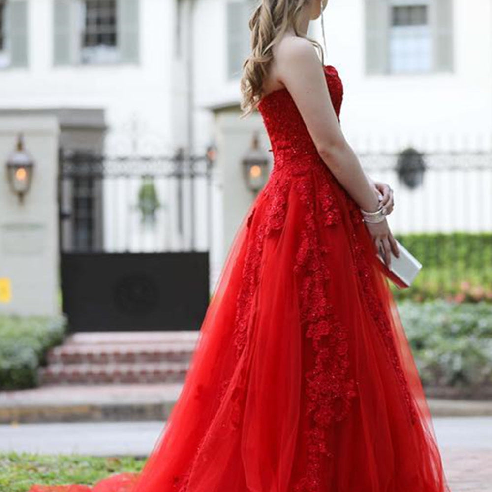 
                      
                        Strapless Red Lace Long Prom Dresses with Train, Red Lace Formal Dresses, Red Evening Dresses Measure Guide
                      
                    