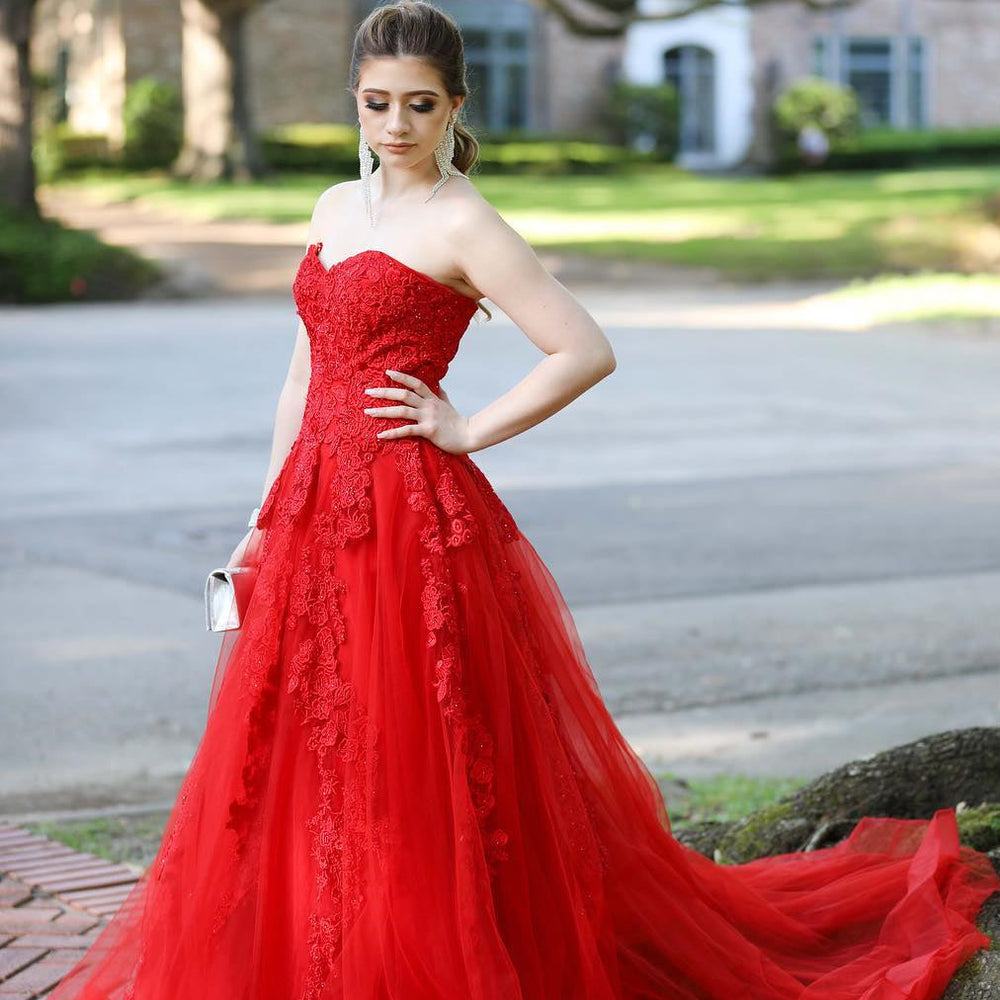 Strapless Red Lace Long Prom Dresses with Train, Red Lace Formal Dresses, Red Evening Dresses