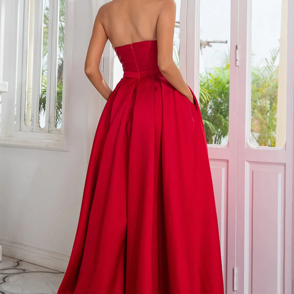 
                      
                        Strapless Red Satin Long Prom Dresses with High Slit, Long Red Formal Graduation Evening Dresses 
                      
                    