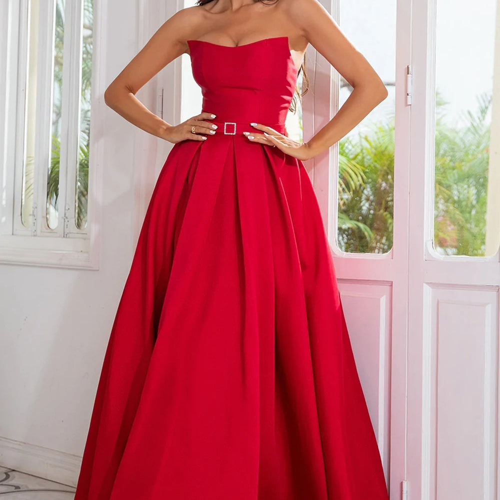 
                      
                        Strapless Red Satin Long Prom Dresses with High Slit, Long Red Formal Graduation Evening Dresses 
                      
                    