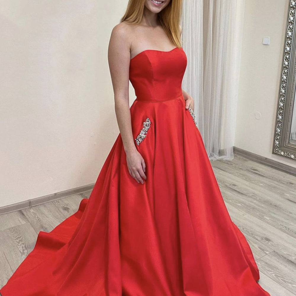 Strapless Red Satin Long Prom Dresses with Pocket, Long Red Formal Graduation Evening Dresses 