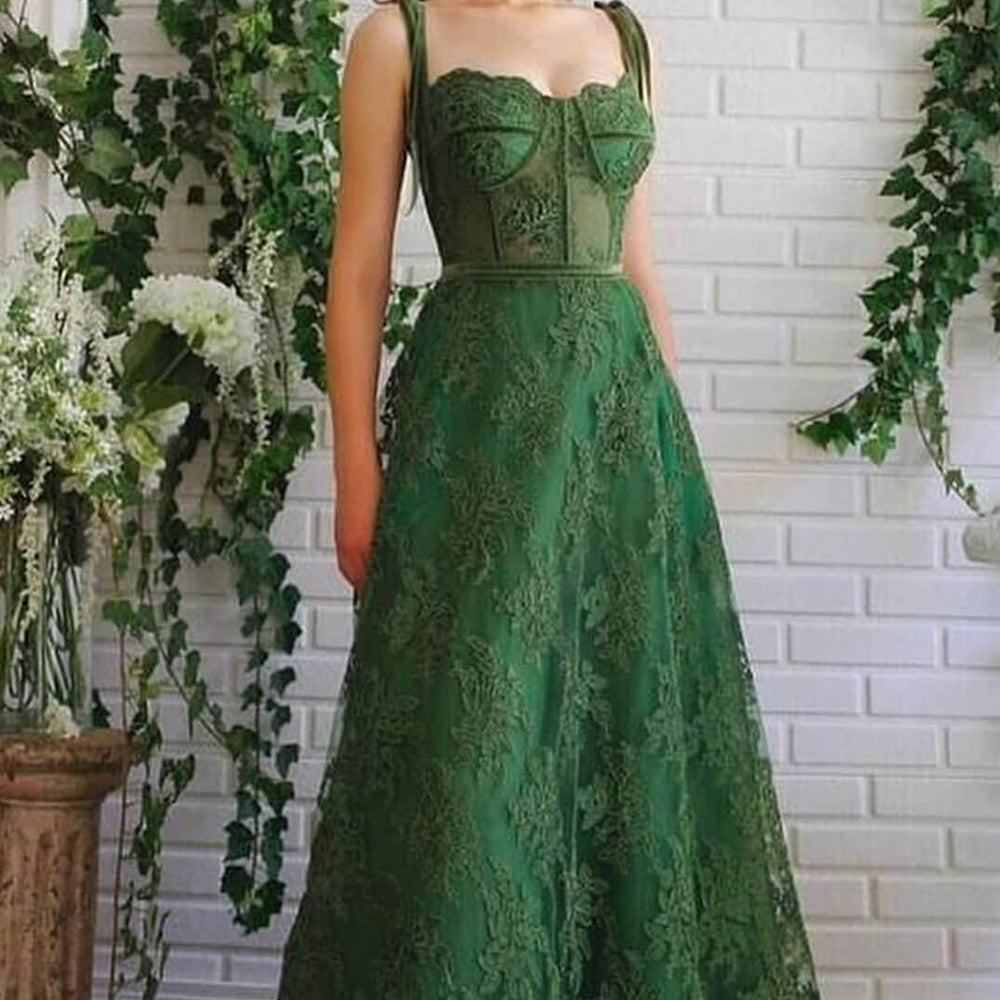 Strapless Spaghetti-Straps Evening Dress With Appliques A-Line in Emerald Green