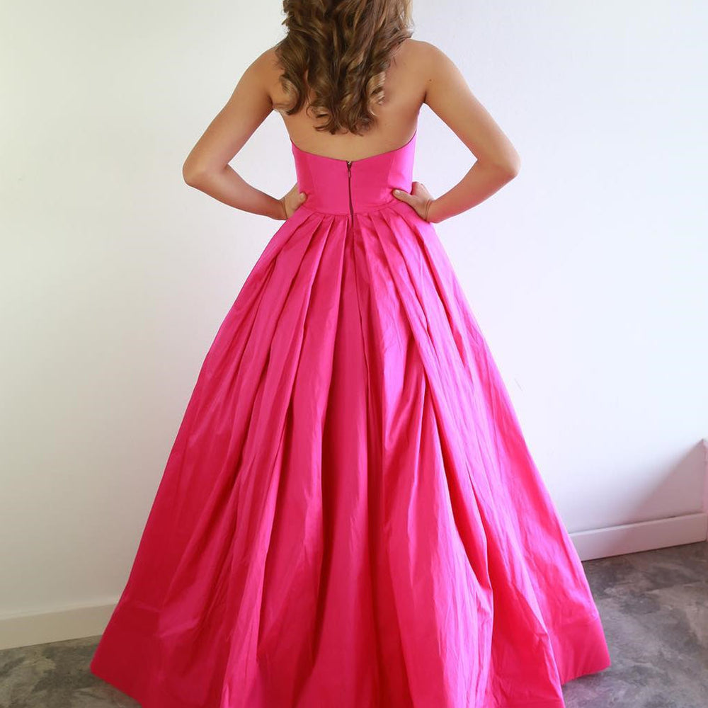 
                      
                        Strapless Sweetheart Neck Hot Pink Long Prom Dresses, Hot Pink Satin Long Formal Evening Dresses
                      
                    