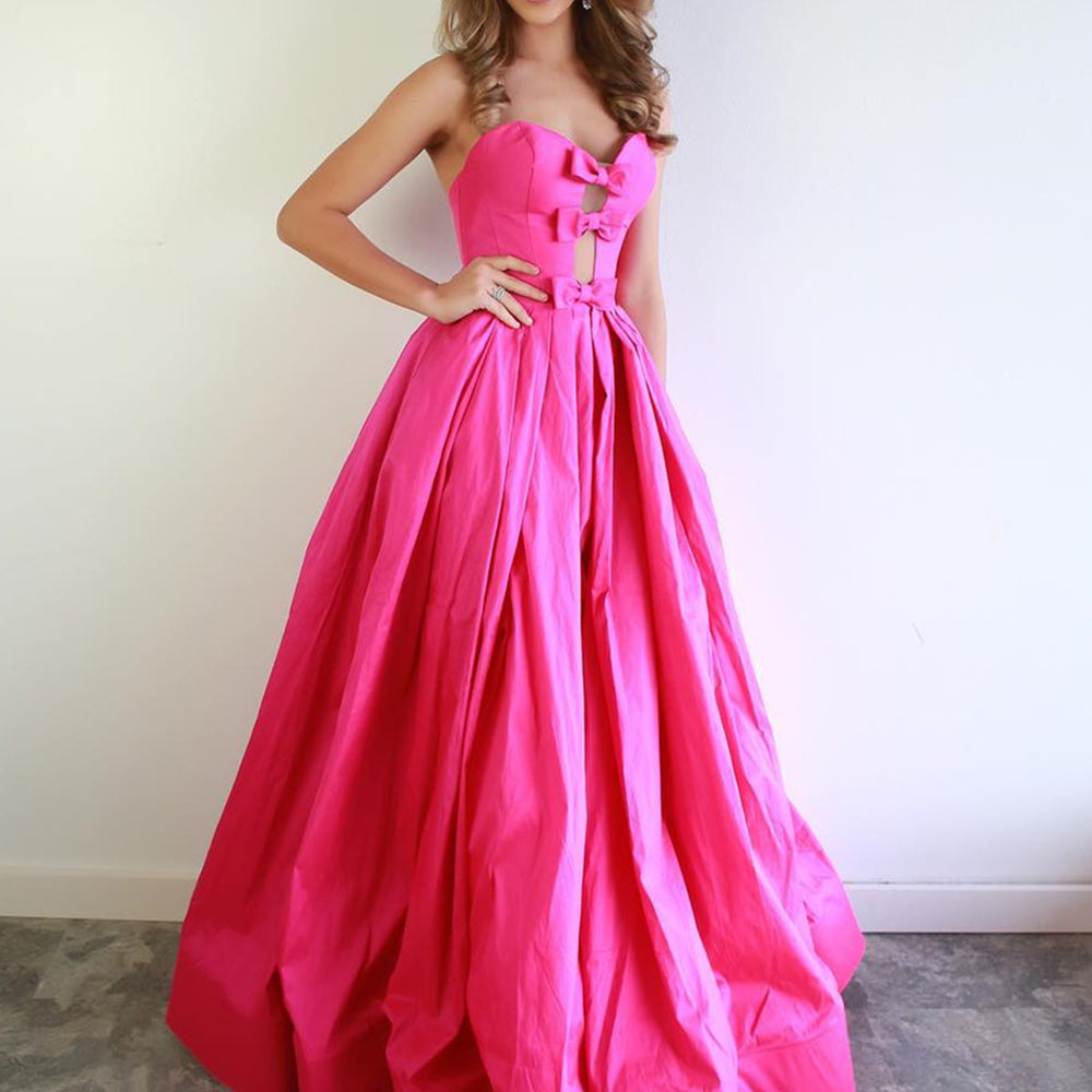 Strapless Sweetheart Neck Hot Pink Long Prom Dresses, Hot Pink Satin Long Formal Evening Dresses