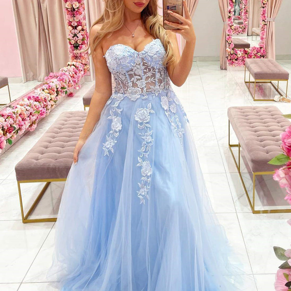 Strapless Sweetheart Neck Lace Appliques BLue Long Prom Dresses, Blue Tulle Formal Dresses with Lace Appliques, Blue Evening Dresses 