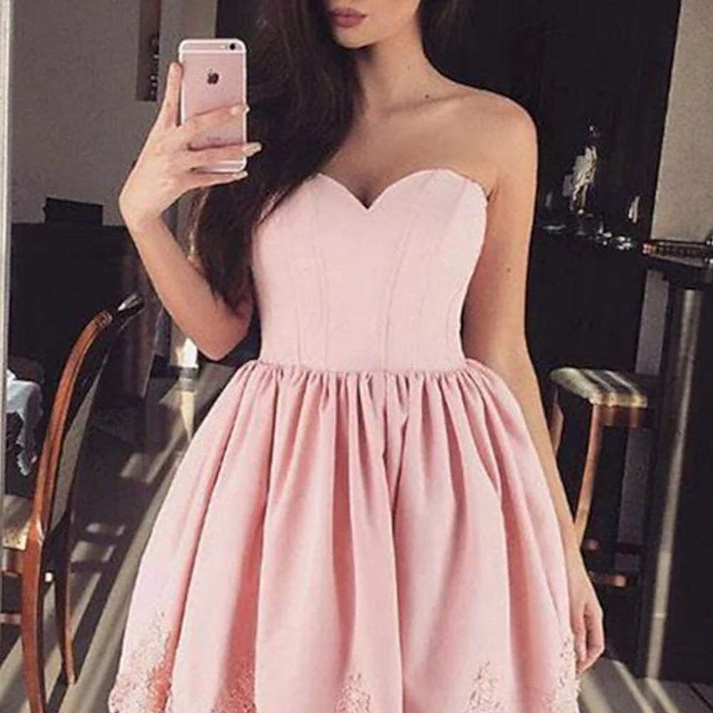 
                      
                        Strapless Sweetheart Neck Pink Lace Prom Dresses, Short Pink Homecoming Dresses, Pink Lace Formal Evening Dresses 
                      
                    