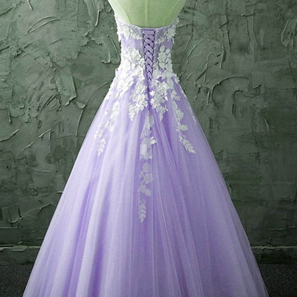 
                      
                        Strapless Sweetheart Neck Purple Lace Long Prom Dresses, Lilac Lace Formal Evening Dresses
                      
                    