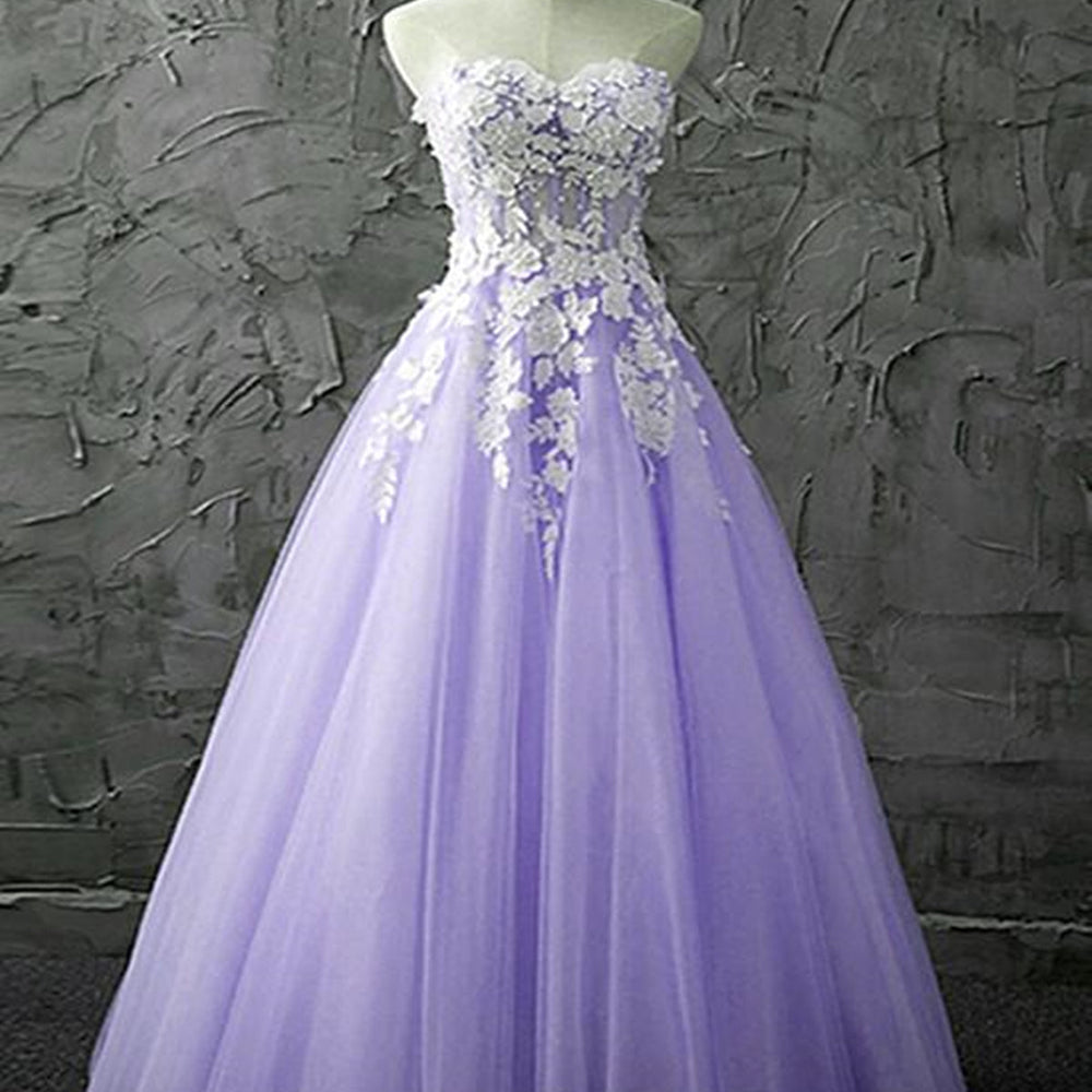 Strapless Sweetheart Neck Purple Lace Long Prom Dresses, Lilac Lace Formal Evening Dresses