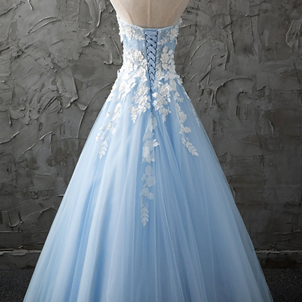 
                      
                        Strapless Sweetheart Neck White Lace Light Blue Prom Dresses, Strapless Open Back Light Blue Lace Formal Graduation Evening Dresses with Appliques
                      
                    