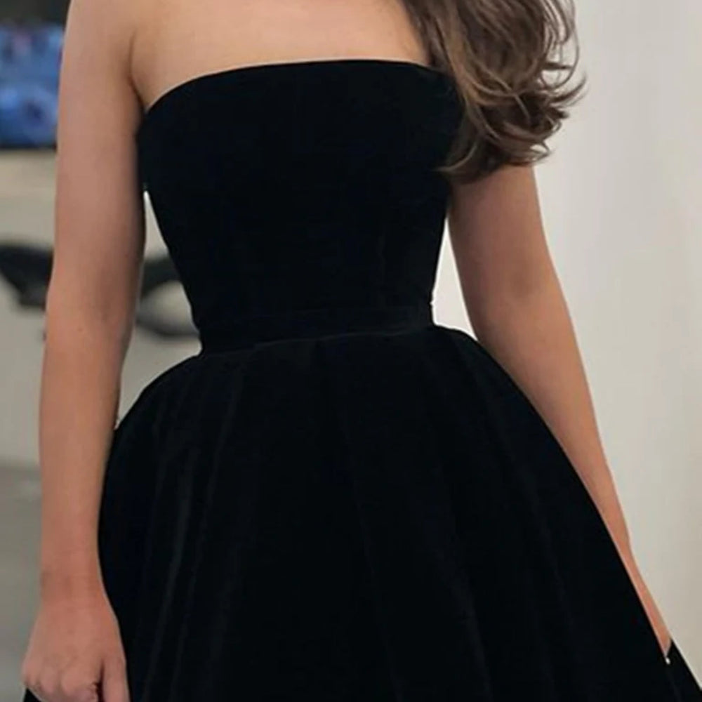 
                      
                        Strapless Tea Length Black Velvet Prom Dresses, Black Velvet Homecoming Dresses, Black Formal Evening Dresses 
                      
                    