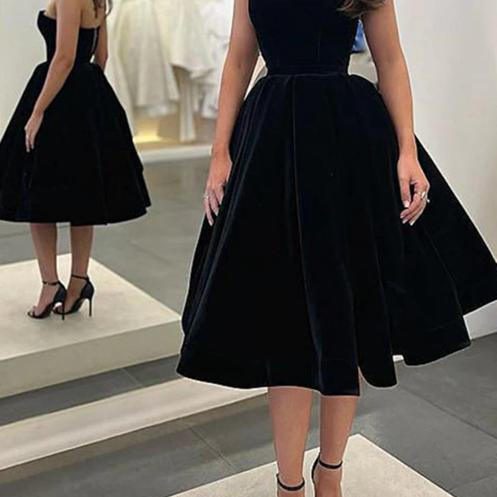 
                      
                        Strapless Tea Length Black Velvet Prom Dresses, Black Velvet Homecoming Dresses, Black Formal Evening Dresses 
                      
                    