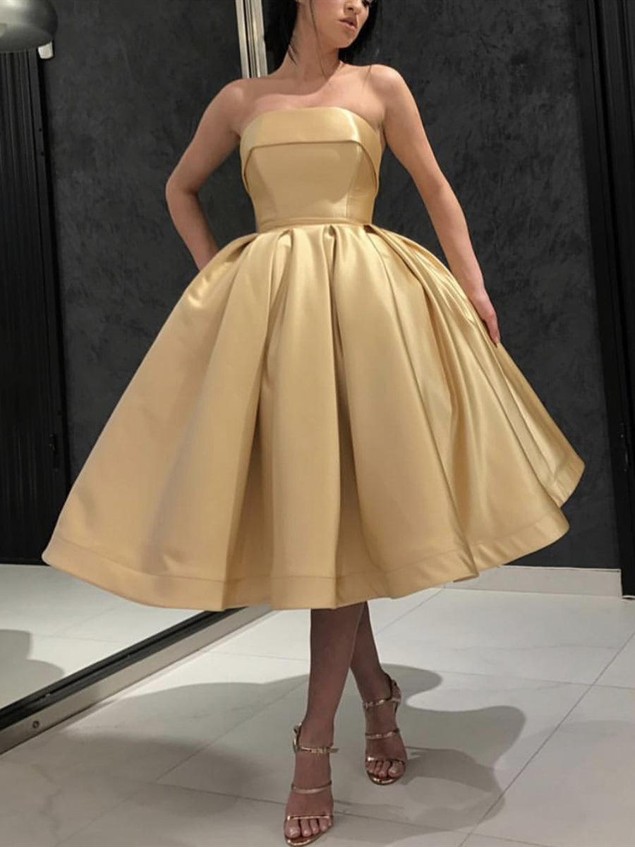 Strapless Tea Length Golden Prom Dresses, Strapless Golden Homecoming Dresses, Golden Cocktail Dresses, Golden Tea Length Formal Dresses