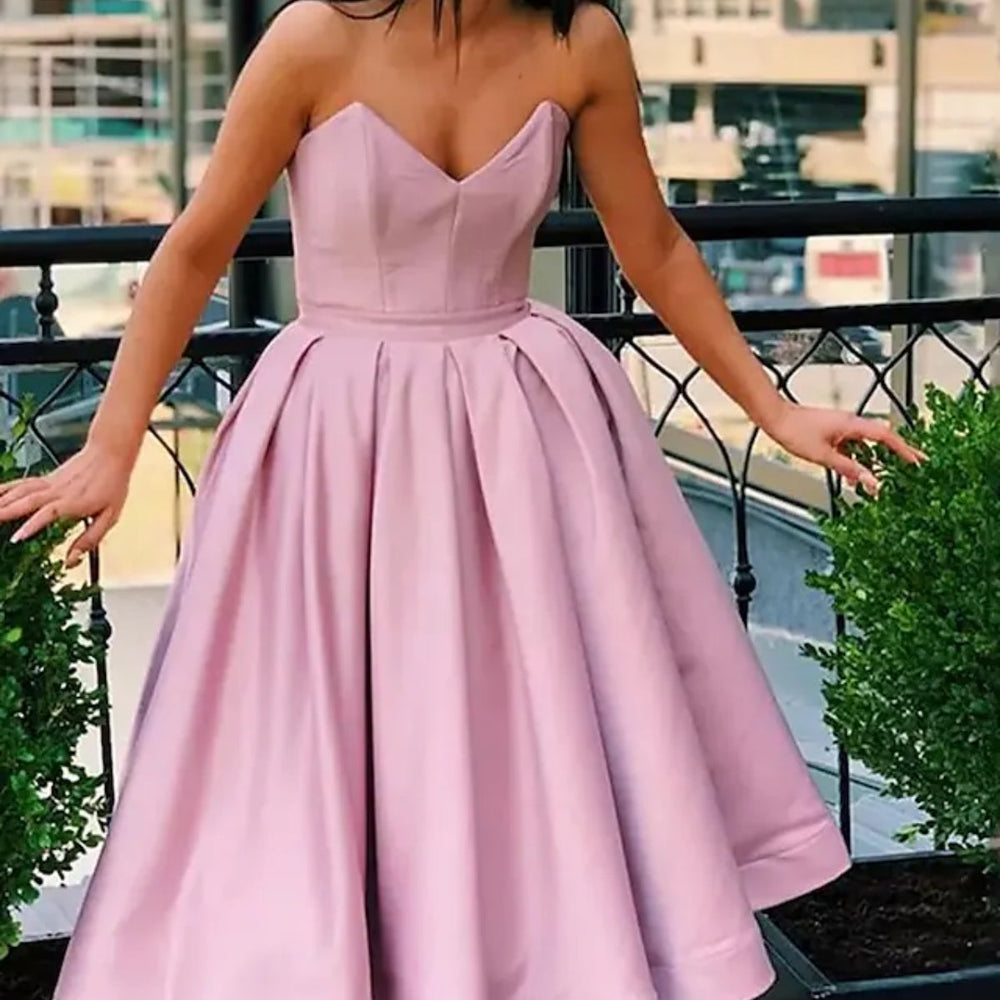 Strapless Tea Length Pink/Champagne Prom Homecoming Dresses, Pink/Champagne Formal Graduation Evening Dresses 