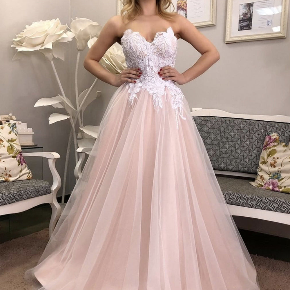 Strapless V Neck Pink Lace Floral Long Prom Dresses, Pink Lace Formal Dresses, Pink Evening Dresses