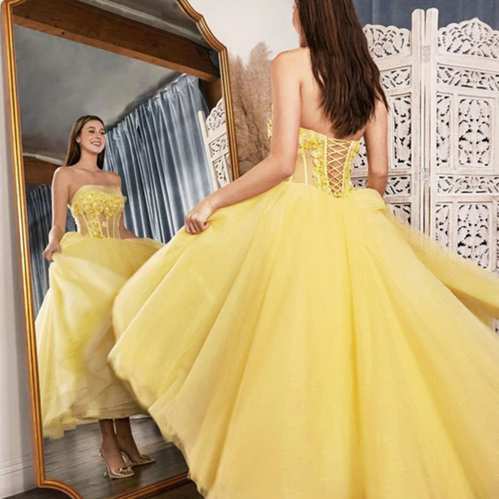 Strapless Yellow Lace Floral Tea Length Prom Dresses, Yellow Lace Formal Dresses, Tea Length Yellow Evening Dresses 