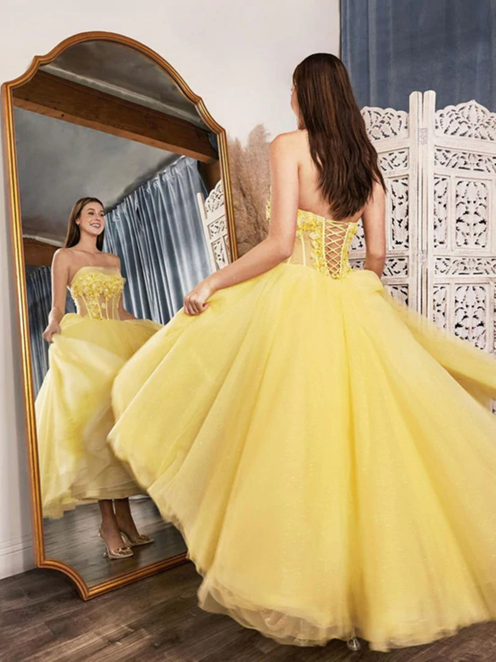 Strapless Yellow Lace Floral Tea Length Prom Dresses, Yellow Lace Formal Dresses, Tea Length Yellow Evening Dresses 