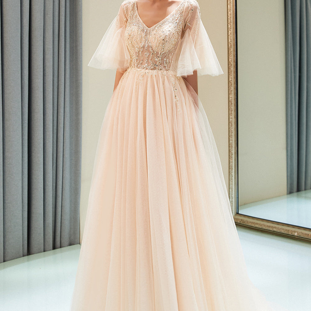 
                      
                        Stunning Bubble Sleeve Prom Dresses | Long Tulle Evening Gown With Beadings
                      
                    