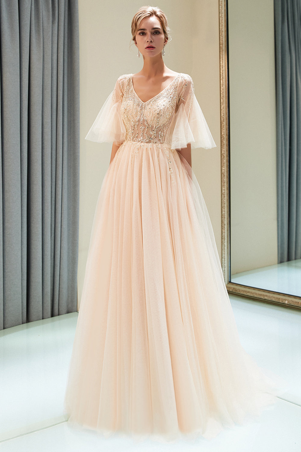 Stunning Bubble Sleeve Prom Dresses | Long Tulle Evening Gown With Beadings