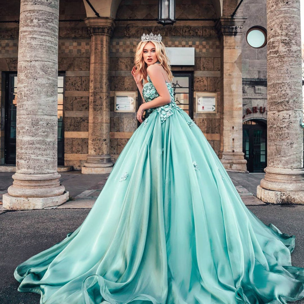 
                      
                        Stunning Halter Mint Green Satin Aline Evening Party Dress with 3D Floral Appliques
                      
                    