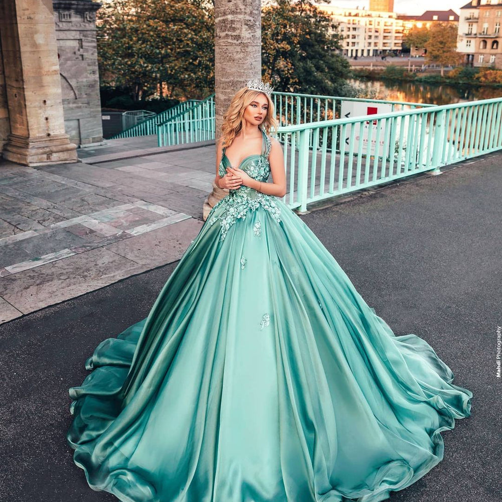 
                      
                        Stunning Halter Mint Green Satin Aline Evening Party Dress with 3D Floral Appliques
                      
                    