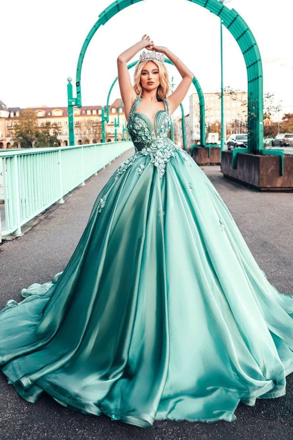 
                      
                        Stunning Halter Mint Green Satin Aline Evening Party Dress with 3D Floral Appliques
                      
                    