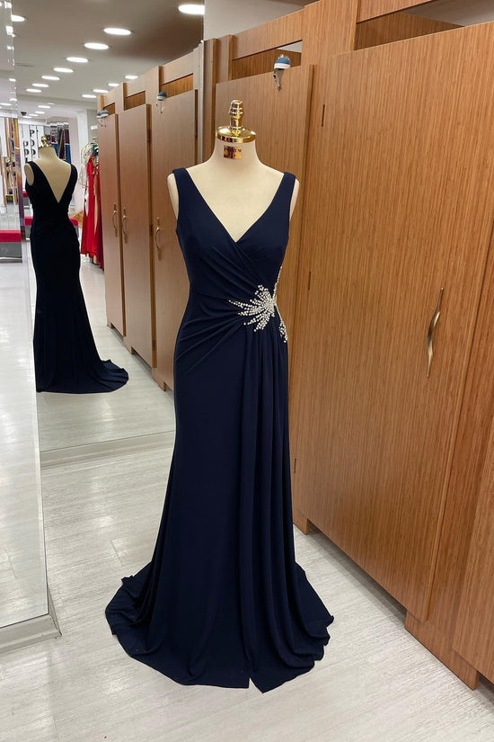 Stunning Midnight Blue V-Neck Prom Dress with Elegant Pleats and Sparkling Rhinestones