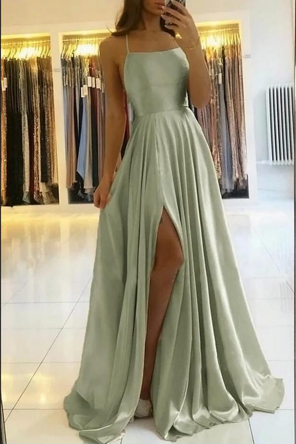 
                      
                        Stunning Spaghetti Straps Satin Evening Dress with Side Slit Sleeveless Floor Length Prom Dress
                      
                    