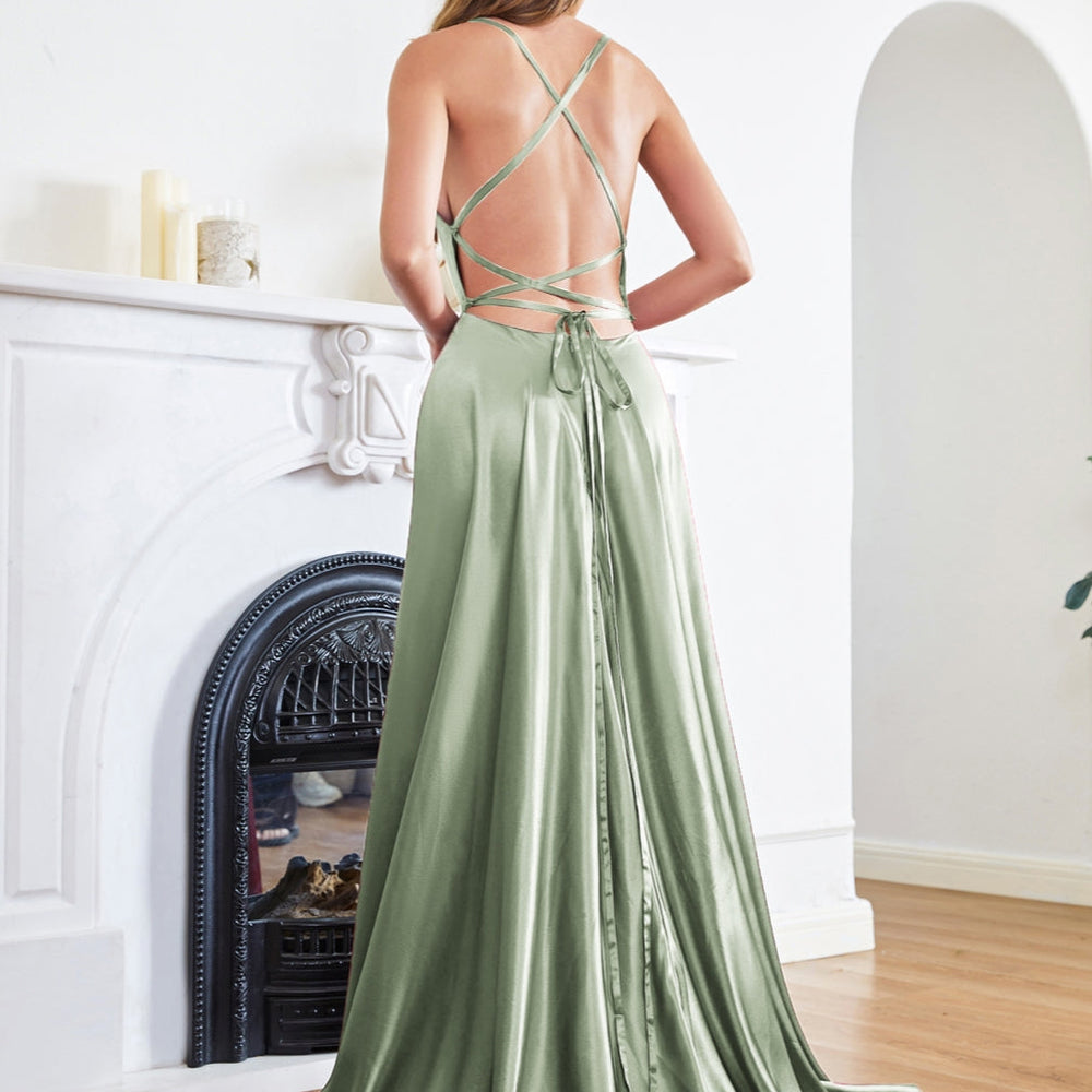 
                      
                        Stunning Spaghetti Straps Satin Floor Length Dress with Side Slit-27Prom
                      
                    