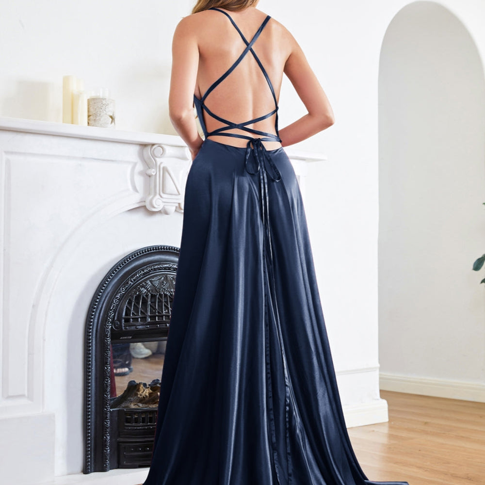 
                      
                        Stunning Spaghetti Straps Satin Floor Length Dress with Side Slit-27Prom
                      
                    