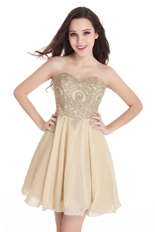 
                      
                        Stunning Strapless Chiffon Short Homecoming Dress Gold Appliques Mini Party Wear Dress For Girls - Prom Dresses
                      
                    