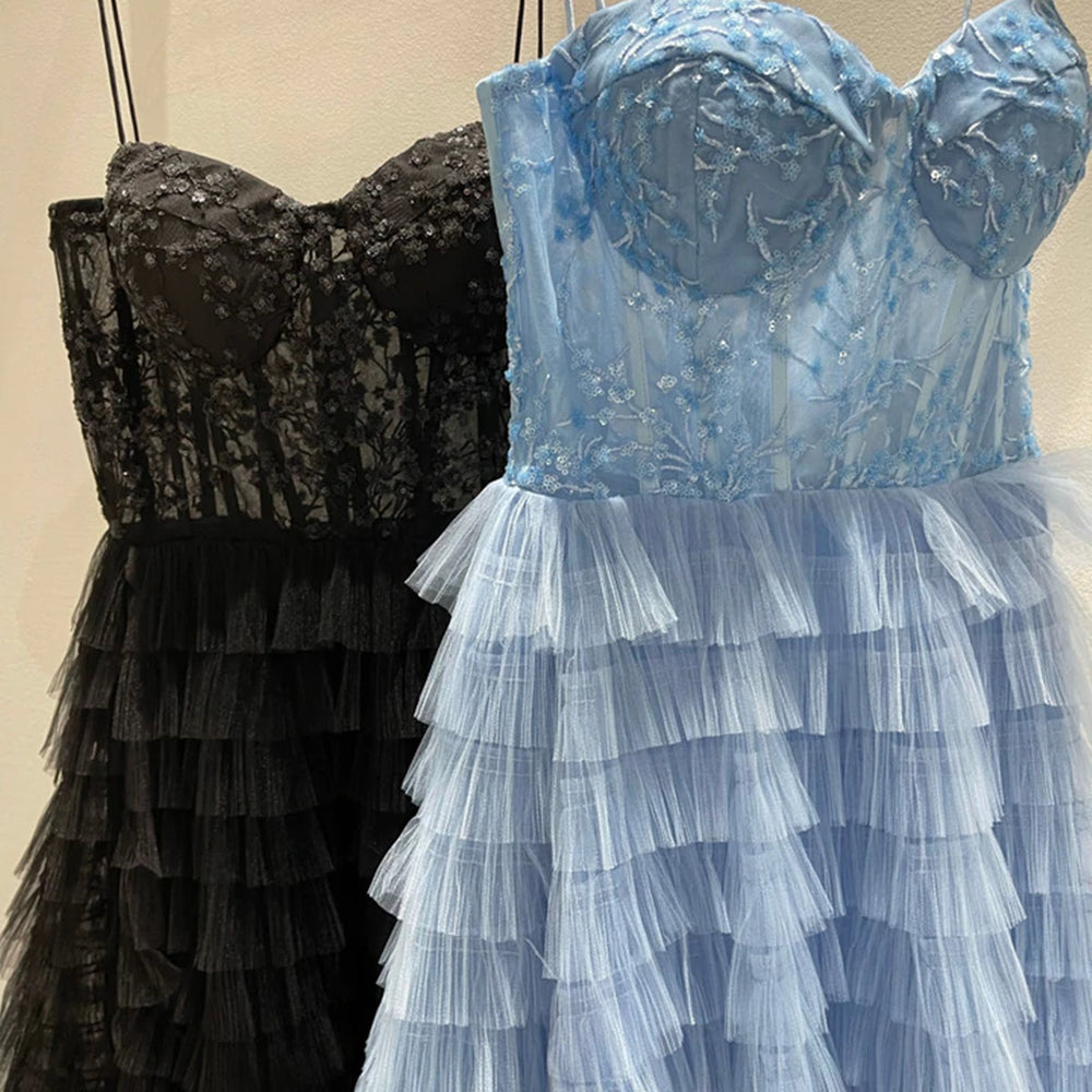 
                      
                        Stunning Strapless Ruffle Layered Blue/Black Lace Long Prom Dresses with High Slit, Blue/Black Lace Tulle Formal Evening Dresses 
                      
                    