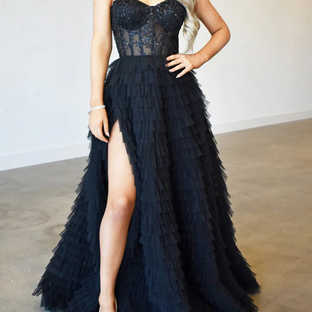 
                      
                        Stunning Strapless Ruffle Layered Blue/Black Lace Long Prom Dresses with High Slit, Blue/Black Lace Tulle Formal Evening Dresses 
                      
                    