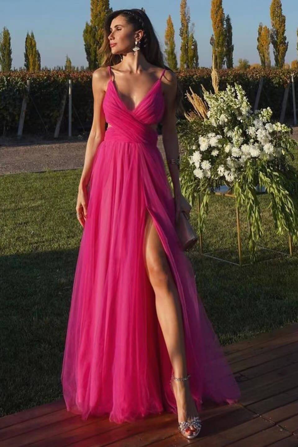 Stunning Tulle Prom Dress with Spaghetti Straps and Split Hemline