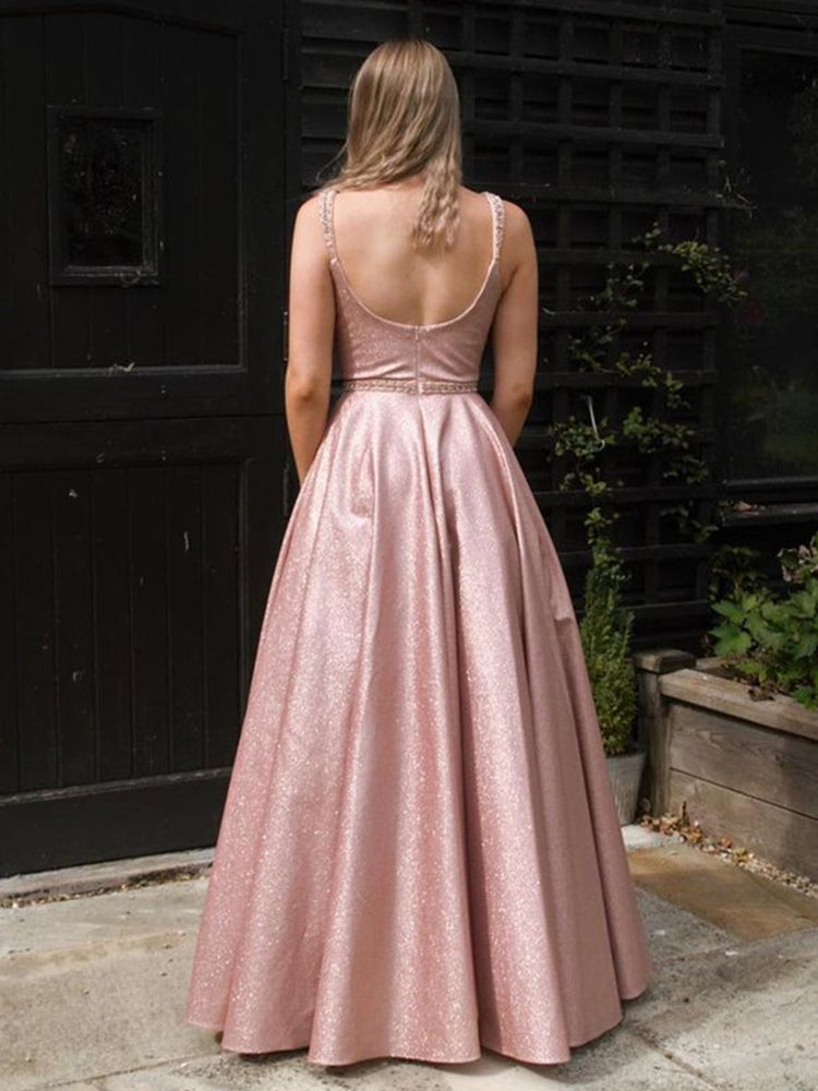 
                      
                        Stylish A Line Floor Length Pink Long Prom Dresses with Straps, Shiny Pink Formal Evening Dresses
                      
                    