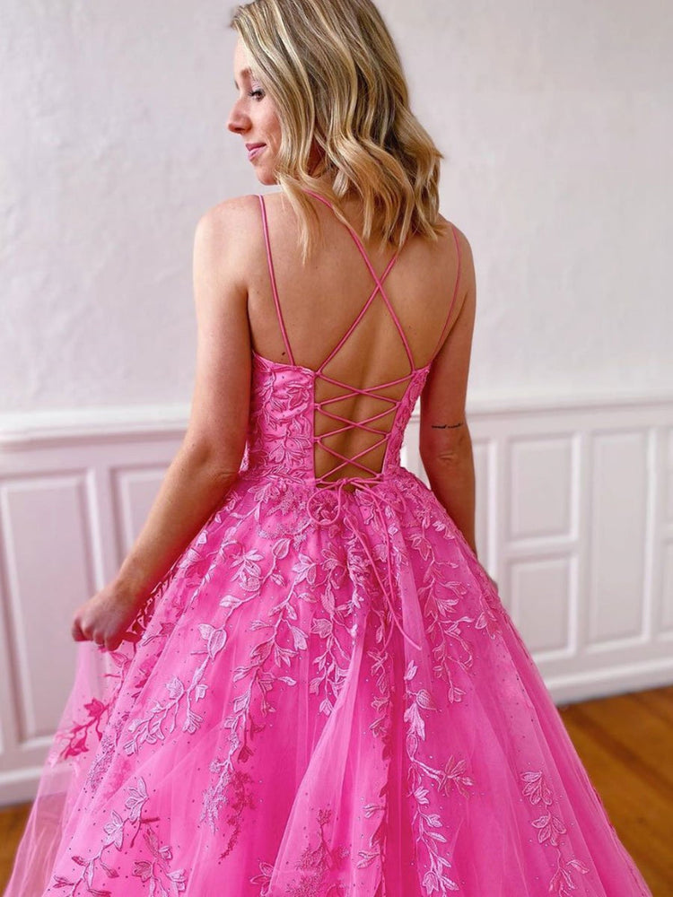 
                      
                        Stylish Backless Pink Lace Long Prom Dresses, Pink Lace Formal Graduation Evening Dresses
                      
                    