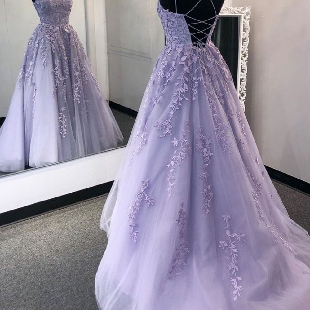 Stylish Backless Purple Lace Long Prom Dresses, Purple Lace Formal Dresses, Purple Evening Dresses, Ball Gown