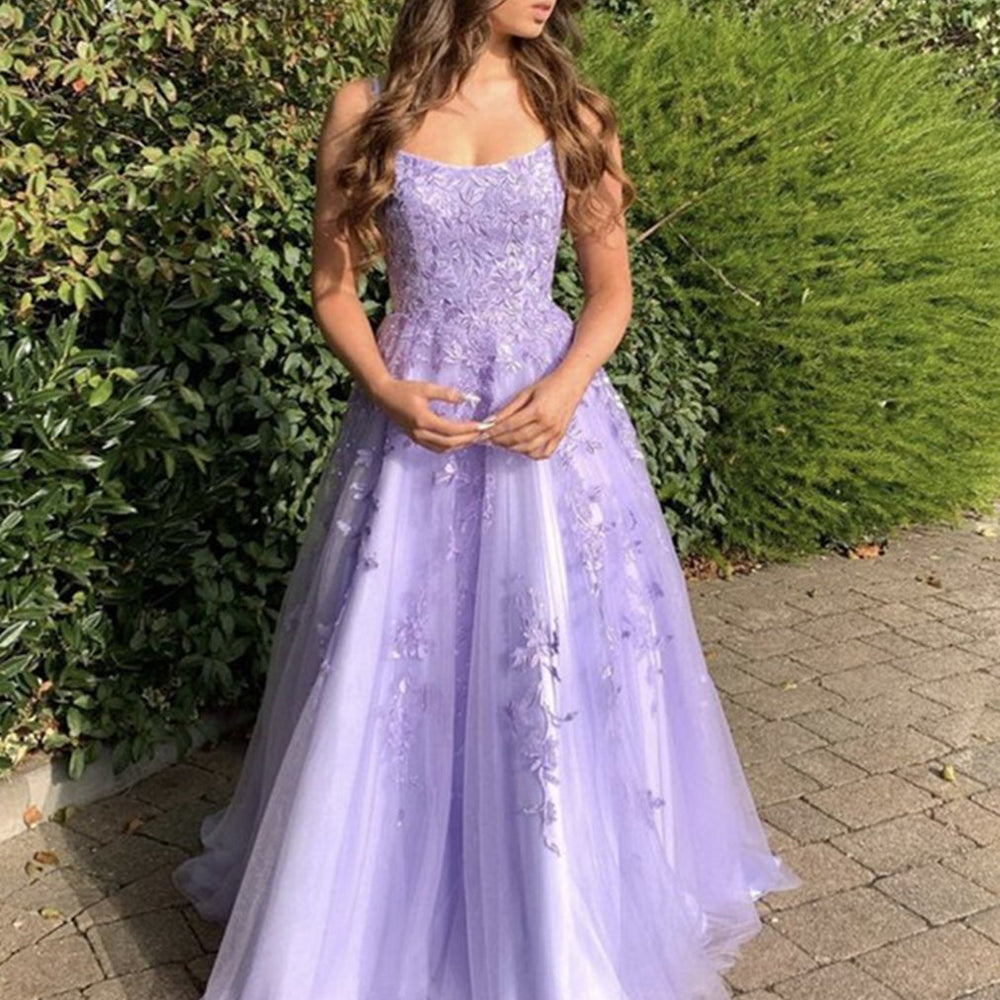 Stylish Purple Lace Long Prom Dresses, Purple Formal Evening Dresses